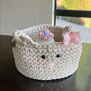 Cute Cream Knit Basket with Pink Bow